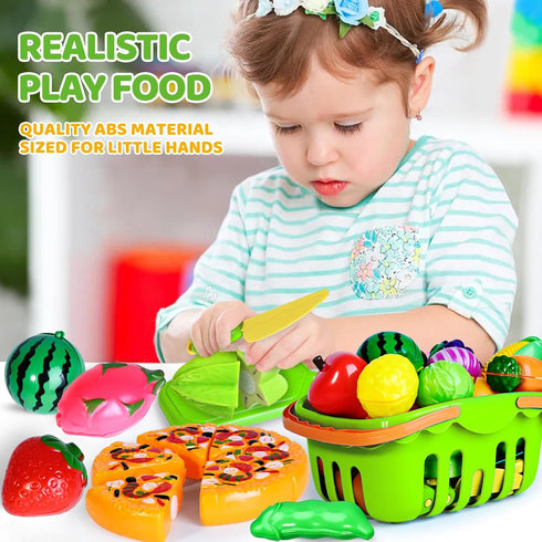 100 PCS Cutting Play Food Toy for Kids Kitchen, Pretend Food Toys with 2 Baskets, Birthday Gifts for 3-6 Years Old