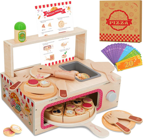 iLuckinSpri Wooden Pizza Toy Set for Kids, 68PCS Montessori Pretend Play Food Toys,