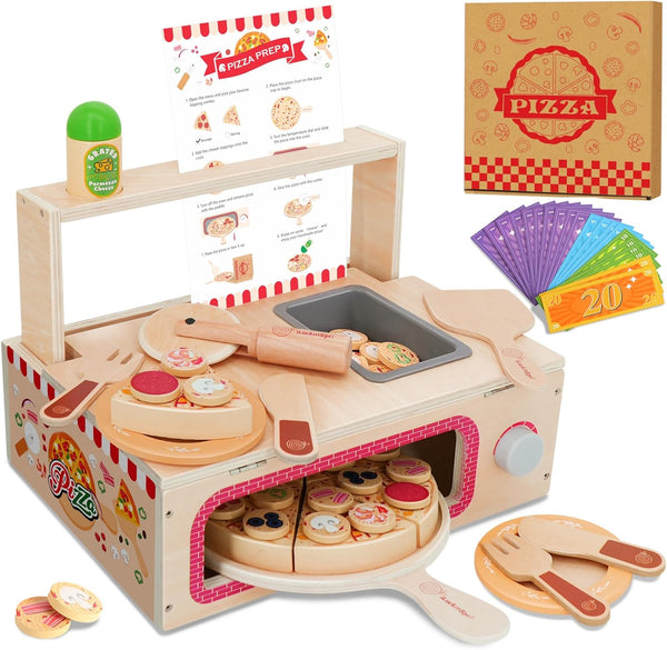 iLuckinSpri Wooden Pizza Toy Set for Kids, 68PCS Montessori Pretend Play Food Toys,