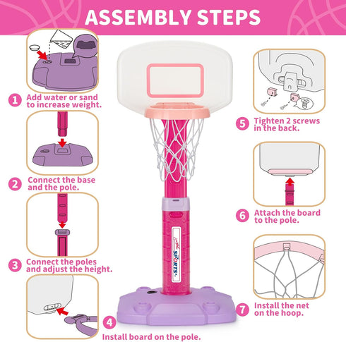 Adjustable Toddler Basketball Hoop Indoor for Ages 1-3, Pink Mini Hoop with 3 Balls for Outdoor Poolside Gift