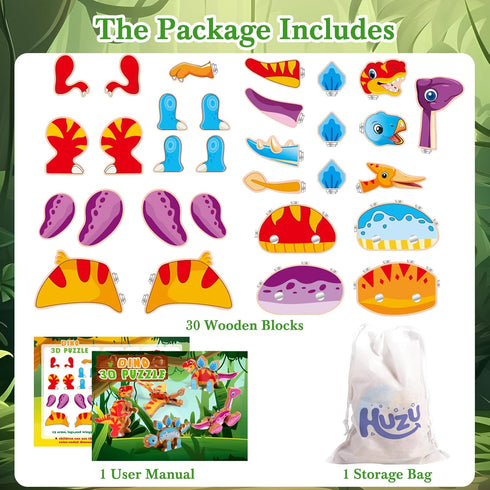 HUZU 3-5, 5-8, Dinosaur Building Blocks, Wooden Dino Snap Blocks, Snap Dinosaur Toys for Kids Fine Motor Skills STEM