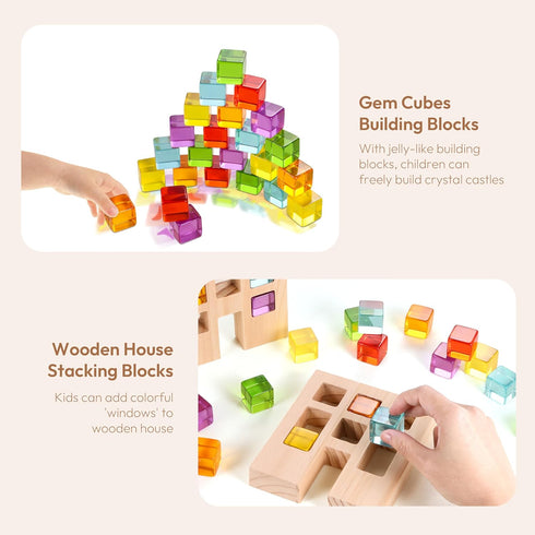 Wooden Building Blocks Set for Kids, 24 PCS Rainbow Gem Cubes Stacking Blocks, Montessori Stacking Toy for Ages 3-6