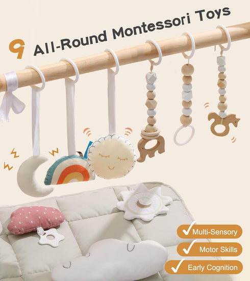 9 little dove Baby Gym with Mat, Wooden Play Gym with Sensory Toys, Foldable Baby Play GymFrame Activity Center