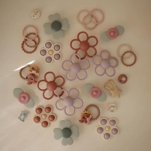 Mushie Soft Lilac Silicone Baby Daisy Rattle & Teether Toy