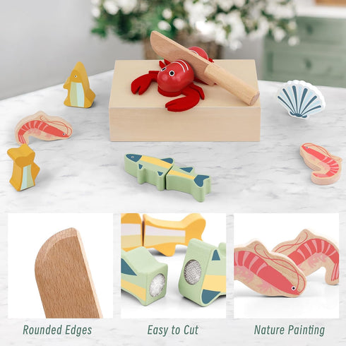 Set 3 PairPear Wooden Play Food Cutting Seafood - Toddlers Wooden Toy Food Pretend Play Kitchen Accessories for Years