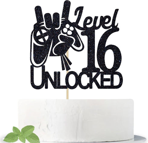 Level 16 Unlocked Game Birthday Cake Topper for Boy's 16th Birthday, Sweet 16 Video Game Theme Cake Decoration Supplies