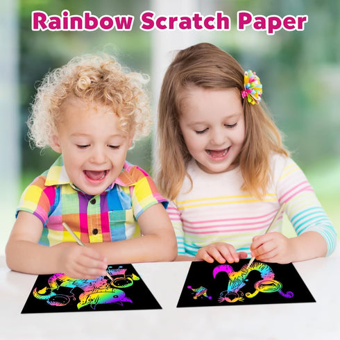 ZMLM Scratch Paper Art Set, 60 Pcs Rainbow Magic Scratch Paper for Kids with 5 Wooden Stylus for Halloween Party Game