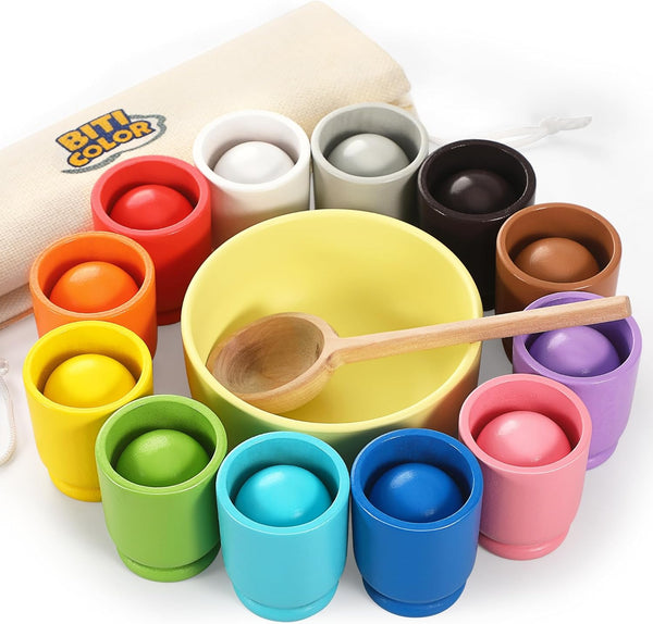 Biticolor Ball in Cup Montessori Wooden Rainbow Color Sorting Toy for Toddlers -