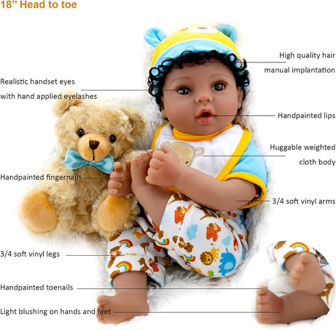 Aori Reborn Baby Dolls - Black - 18 inch Biracial Lifelike Baby Doll Boy with 7-Piece Gift Set