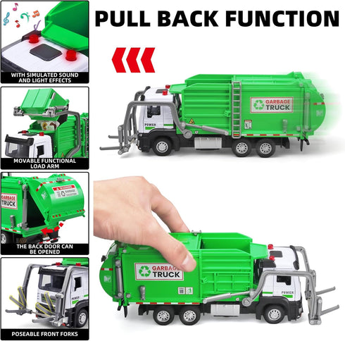 3+ Garbage Truck Toys for Kids, Metal Diecast Toy Car, Pull Back Toy Car with Lights and Sounds,Recycling Truck Toy