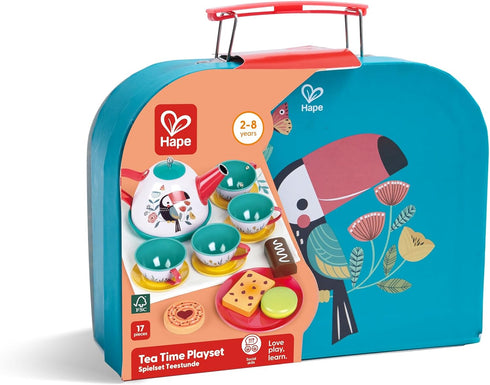 Set 18-Piece Set 3+ Hape Tea for Little Girls & Boys, Tin Tea Party with Toucan Carrying Case, Toy Teapot, Play Food