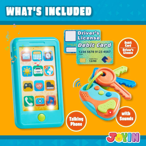 Pretend Toddler Play Phone, Learning Toy Phone Set,Keyfob Key Toy and Credit Cards Set, Kids Cellphone Toys, Girls Boys Birthday Gifts for 1 2 3 Year Old,Baby Blue, Kids presents Toys