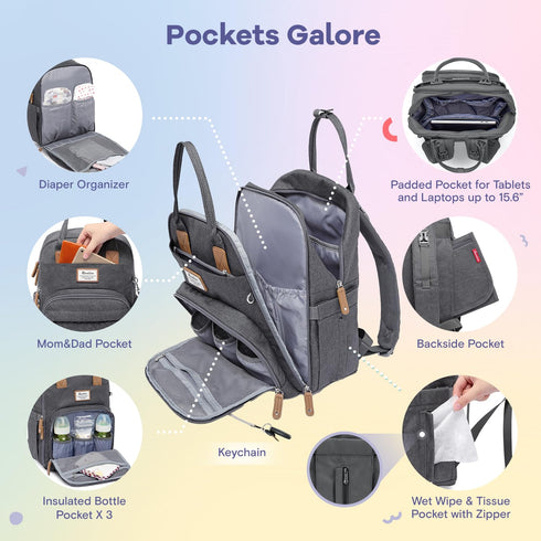 Backpack, Pack Pack, RUVALINO Diaper Bag Multifunction Travel Maternity Baby Changing Bags, Large Capacity, Waterproof