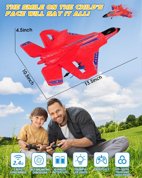 F22 2.4GHz 2 ANTSIR RC Airplane, Remote Control Jet with Gyro Stabilizer, LED Lights, Batteries, Easy to Fly for Kids