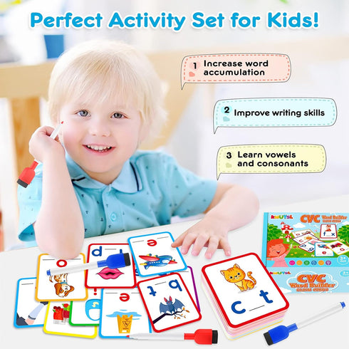 KMUYSL 104 Pieces Short Vowel Spelling Flashcards - CVC Sight Words Handwriting Cards for Kids 3-5 Years Old