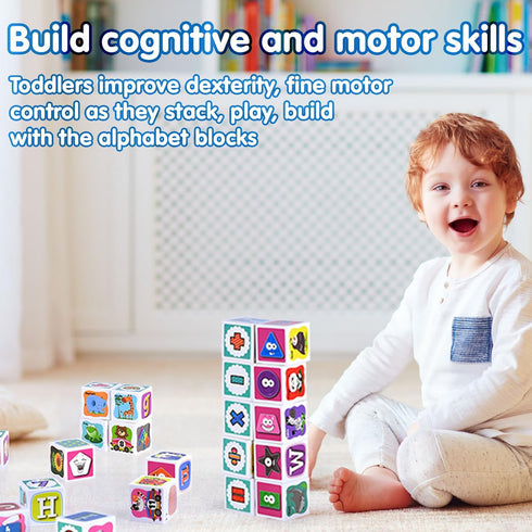 PLAY ABC Building Blocks for Toddlers 1-3, 28 PCS Plastic Baby Alphabet Letters Number Stacking Blocks Set