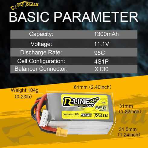 Tattu R-Line 850mAh 14.8V 95C 4S LiPo Battery Pack with XT30 Plug for Multirotor FPV, Size 100 to 180