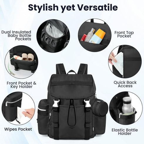 COOLREX Backpack 14L) Diaper Bag with Changing Pad, Pacifier Case & Stroller Straps (Black
