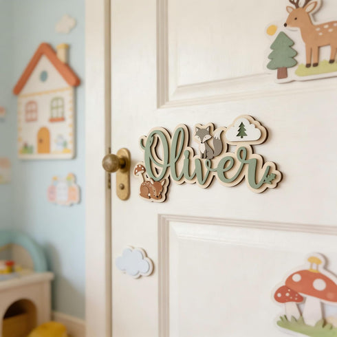 Personalized Woodland Name Sign for Boys Nursery, Custom Wooden Baby Name Wall Decor with Fox and Deer, Forest Animal