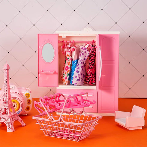 Doll Closet Furniture Wardrobe, Open Dollhouse Closet with 20 Pieces Doll Hangers, 2 Style Pink Plastic Hangers