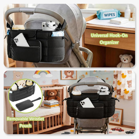 Seeseven Stroller Organizer Caddy with Insulated Cup Holder & Detachable Phone Purse, Lightweight Universal Stroller