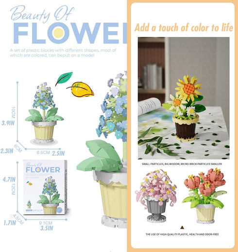 Jollcnoia Rose Flower Potted Bonsai Building Toys Blocks Particle Flower Botanical Mini