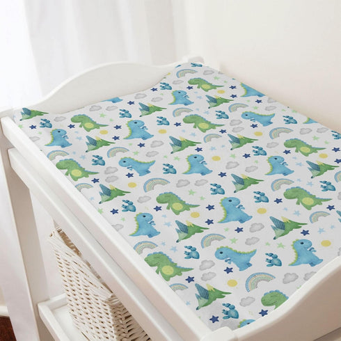 Dinosaur Rainbow Diaper Changing Pad Cover Sheets for Boy Girl, 32''x16'' Cartoon Dino Sun Star Cactus, Soft Breathable