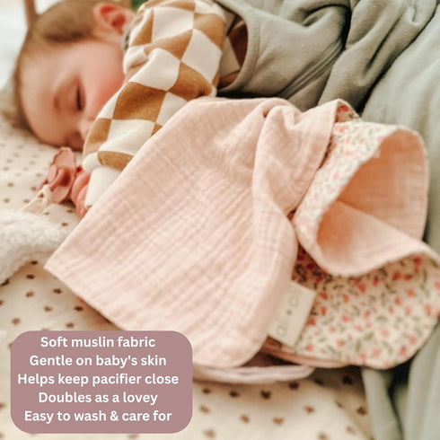 (15x15) Ali+Oli Pacifier Blanket Holder (Pink Flowers) Soft Muslin Cotton Cuddle Blanket with Button Snap Closure