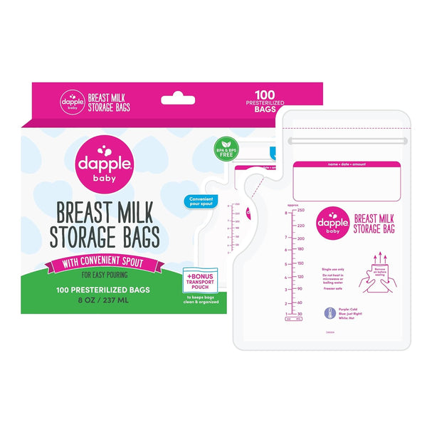 Dapple Breast Milk Storage Bags with East Pour Spout, Leakproof Double Zipper,