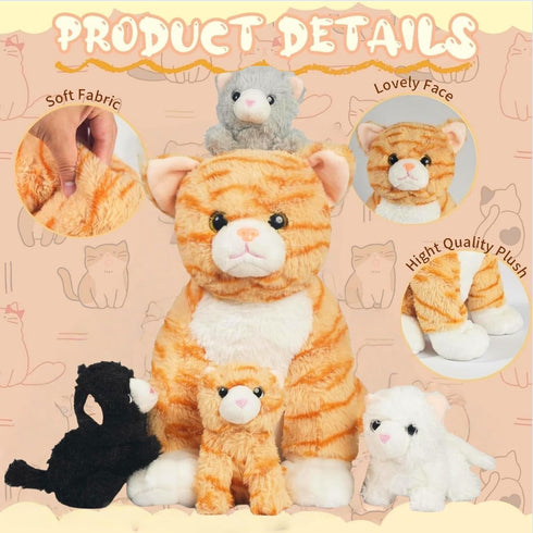 5 1 Mommy 4 Pieces Cat Stuffed Animal with Babies Inside Belly Stuffed Cat Toy with Baby Plush Kittens, Orange Tabby