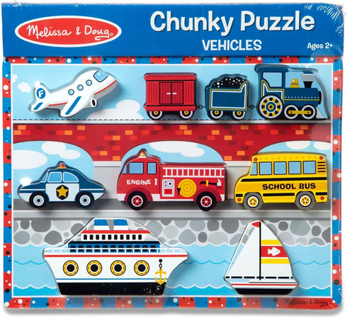 Melissa & Doug Wooden Chunky Puzzle - Vehicles Plane, Train, Cars, Boats (9 pcs)