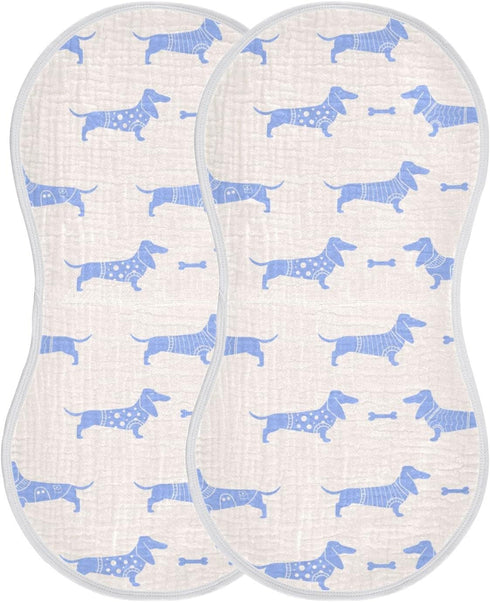 Cute Dachshund Dog and Bone Pattern Muslin Burp Cloths for Baby, 2 Pack 100% Cotton
