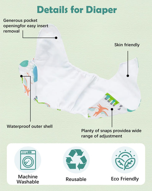 Pack 13, 6pcs Diapers+6pcs babygoal Dinosaur Cloth Diapers of Baby Reusable Washable Pocket Nappy, Rayon from Bamboo