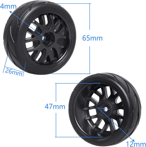 4-Pack HobbyPark RC Car Tires & Wheels, 12mm Hex Drive Hub with Foam Inserts for 1/10 Touring Car