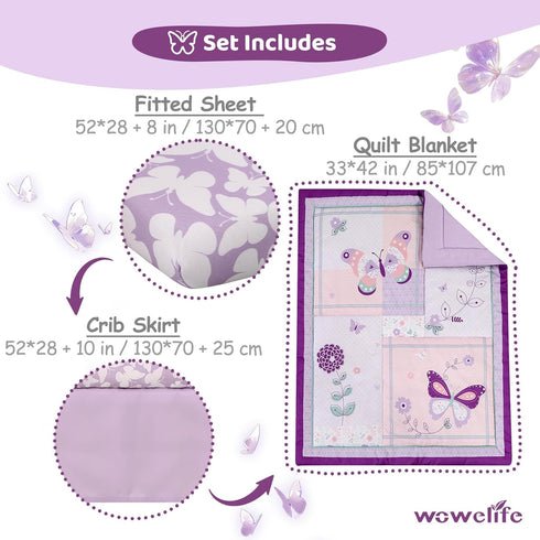 Set 3 Set, Set Wowelife Crib Bedding for Girls, Pieces Floral Butterfly Baby Girl Bedding Include Crib Comforter Fitted