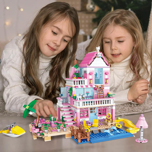 Pink Girls Seaside Beach Villa Friends Building Set, Compatible with Lego Friends Educational Toy for Kids Age 6-12