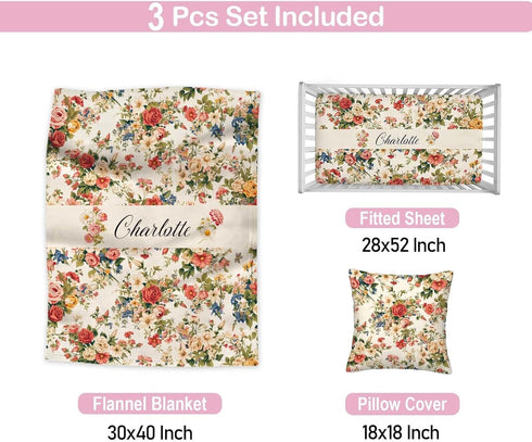 COWSROCK Set 3 Set Personalized Baby Girl Crib Bedding with Name, Floral Nursery Bedding, Piece with Flannel Blanket