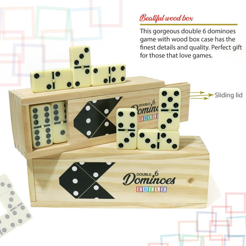 Set, 28-Piece Set ERLLE - Dominoes Premium Classic Double Six Domino with Wooden Case, Family & Kids Board Game