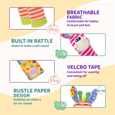 Wrist Rattles Baby Socks, Soft Sensory Toys for Babies, Cartoon Animal Rattles Sock Early Development Gift