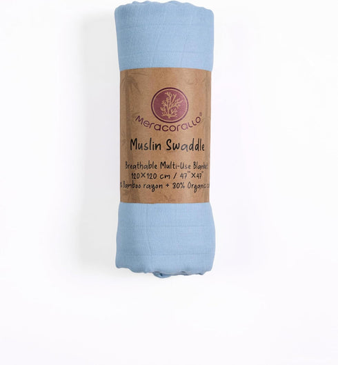 Meracorallo Muslin Swaddle Blanket Silky Soft Receiving Blanket Swaddle Wrap for Baby Boys and Girls, 47 x 47 inches, Sky Blue by Meracorallo