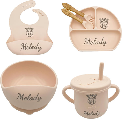 6pcs Set Y4) Personalized Name Food Grade Baby Feeding with Spoon, Fork,Silicone Suction Bowls,Cup,Plate,and bib BPA