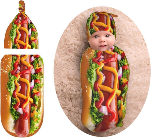 Chguyon Hot Dog Newborn Swaddle Blanket Beanie Hat Sets Funny Food Soft Baby
