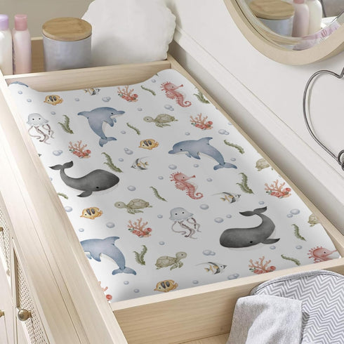 Sea Animals Changing Pad Cover, Soft Stretch Fitted Changing Table Pad Cover Mats for Boy Girl, 32" x 16"