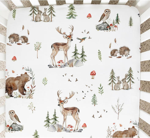 Woodland Animals Baby Crib Sheets - Unisex Bear Deer Hedgehog Owl Squirrel Rabbit, Standard Crib Toddler