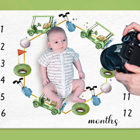 Golf Print Baby Monthly Milestone Blanket for Newborn Baby Boy, Gender Neutral Nursery Decor (Green, Golf)