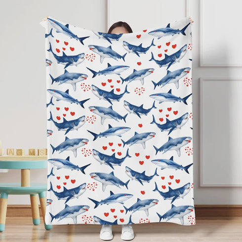 Watercolor Sea Shark Love Baby Blanket, Ocean Animals Hearts Flannel Soft Swaddle Receiving Blanket 30x40
