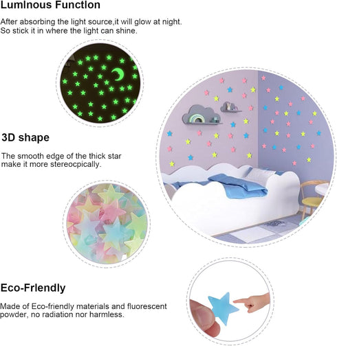 Aivwis 200Piece 3D Glow in the Dark Stars for Ceiling, Luminous Star and Moon Wall Stickers for Kids Bedroom & Nursery