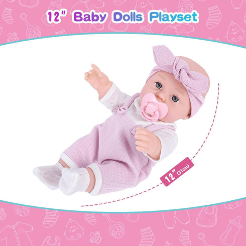 BDDOLL 12'' Playset Baby Doll with Clothes and Dolls Carrier Accessories Included Baby Carrier, Bottles, Nipple, Socks