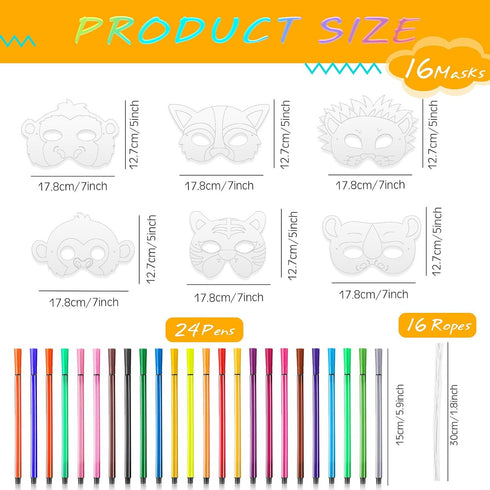 16 Set 24 Lenwen Animal Coloring Mask with Pcs Watercolor Pen Jungle Paper Arts Craft Kids Color Your Own Paper Masks