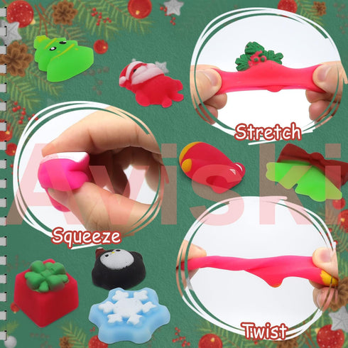 100PCS Christmas Mochi Squishy Toys, Mini Kawaii Christmas Squishies Soft Fidget Toys Stress Squeeze Toys Party Bags